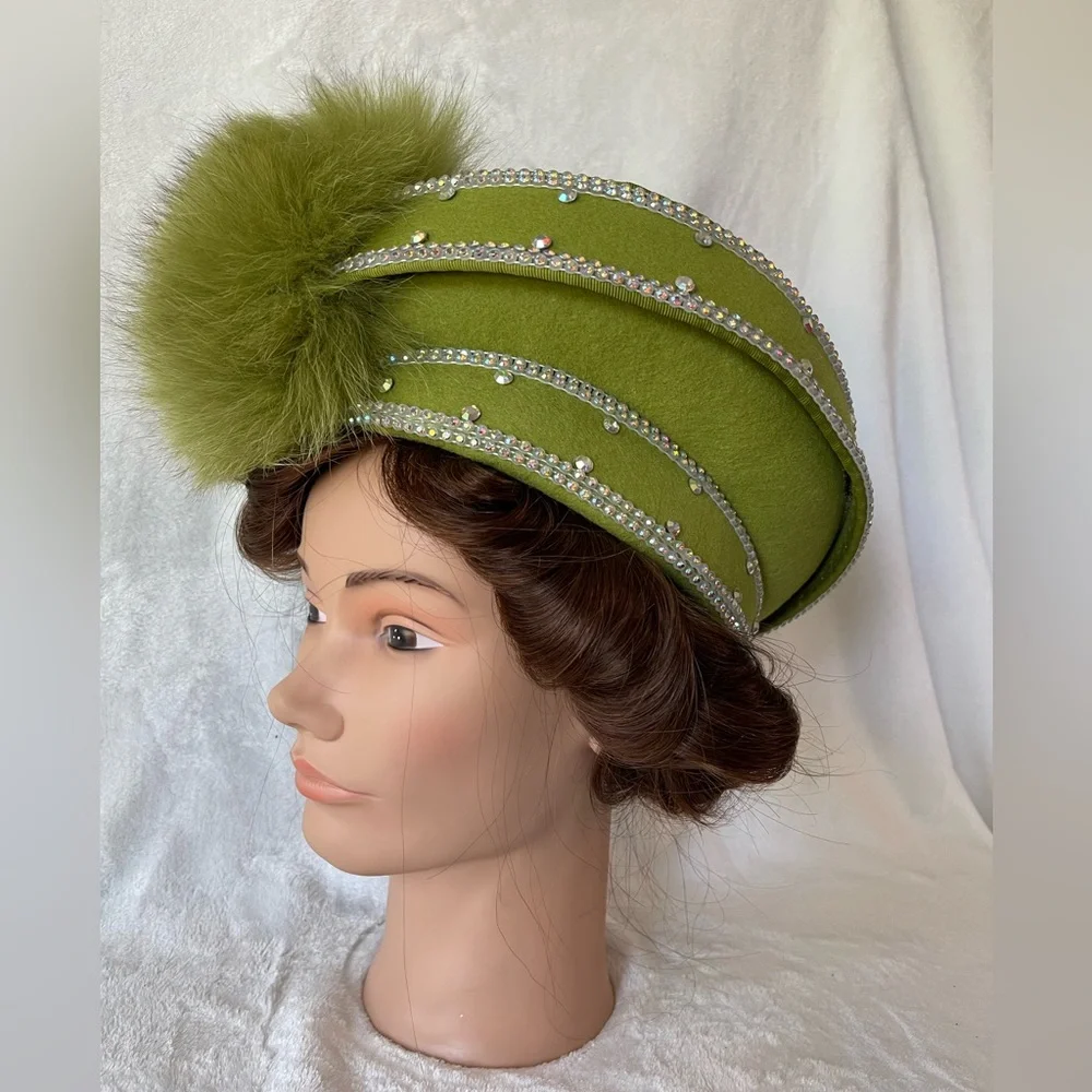 Stunning Mr D’s Vintage hat green wool and rhinestones Sunday church wedding